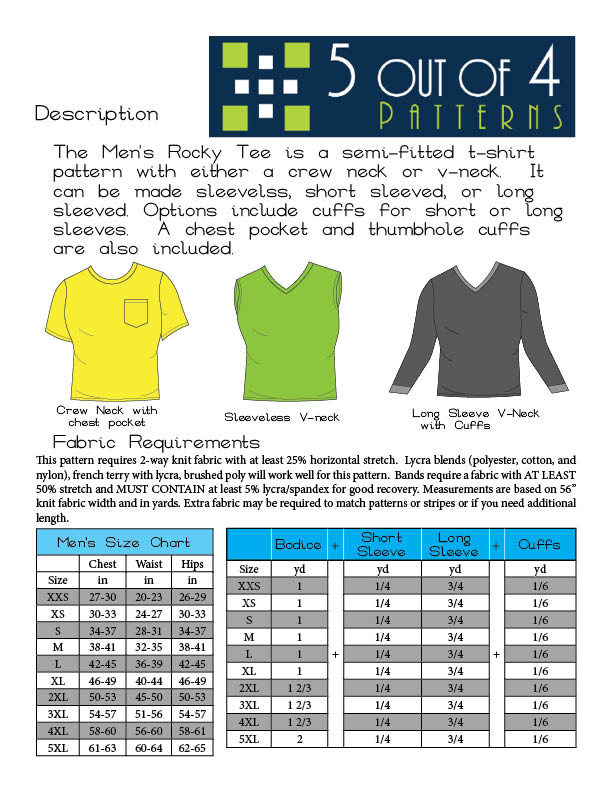 Men's Rocky Tee - 5 out of 4 Patterns PDF Sewing Pattern XXS - 5XL